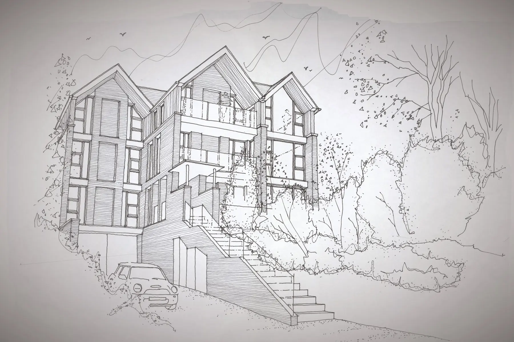 Exedra architectural sketch exploring the form and setting of a home