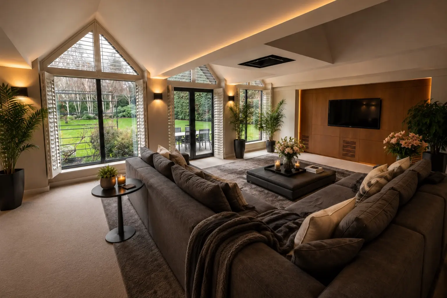 Media room with vaulted ceiling and views to the garden