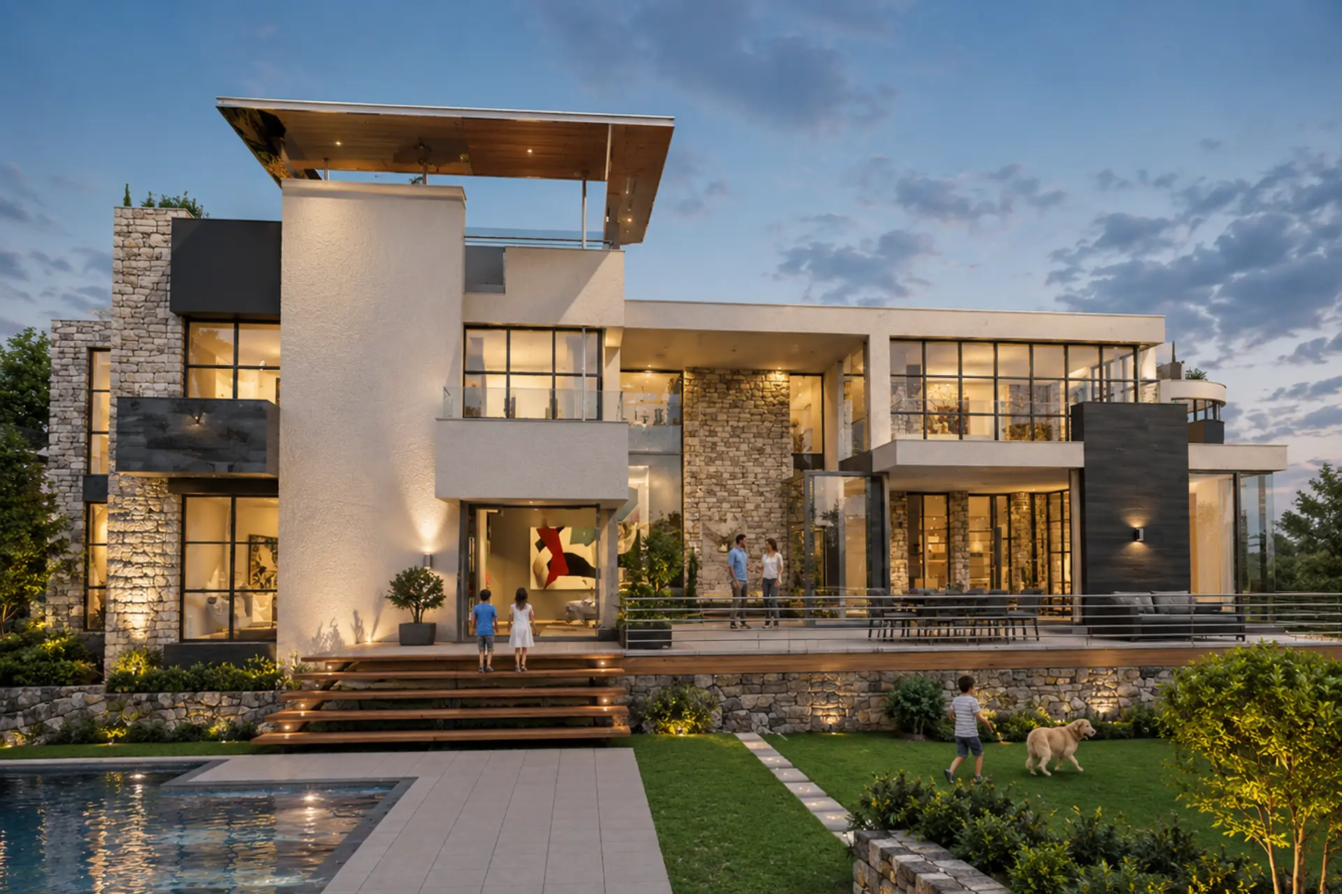 Contemporary stone and render house in Cornwall at dusk