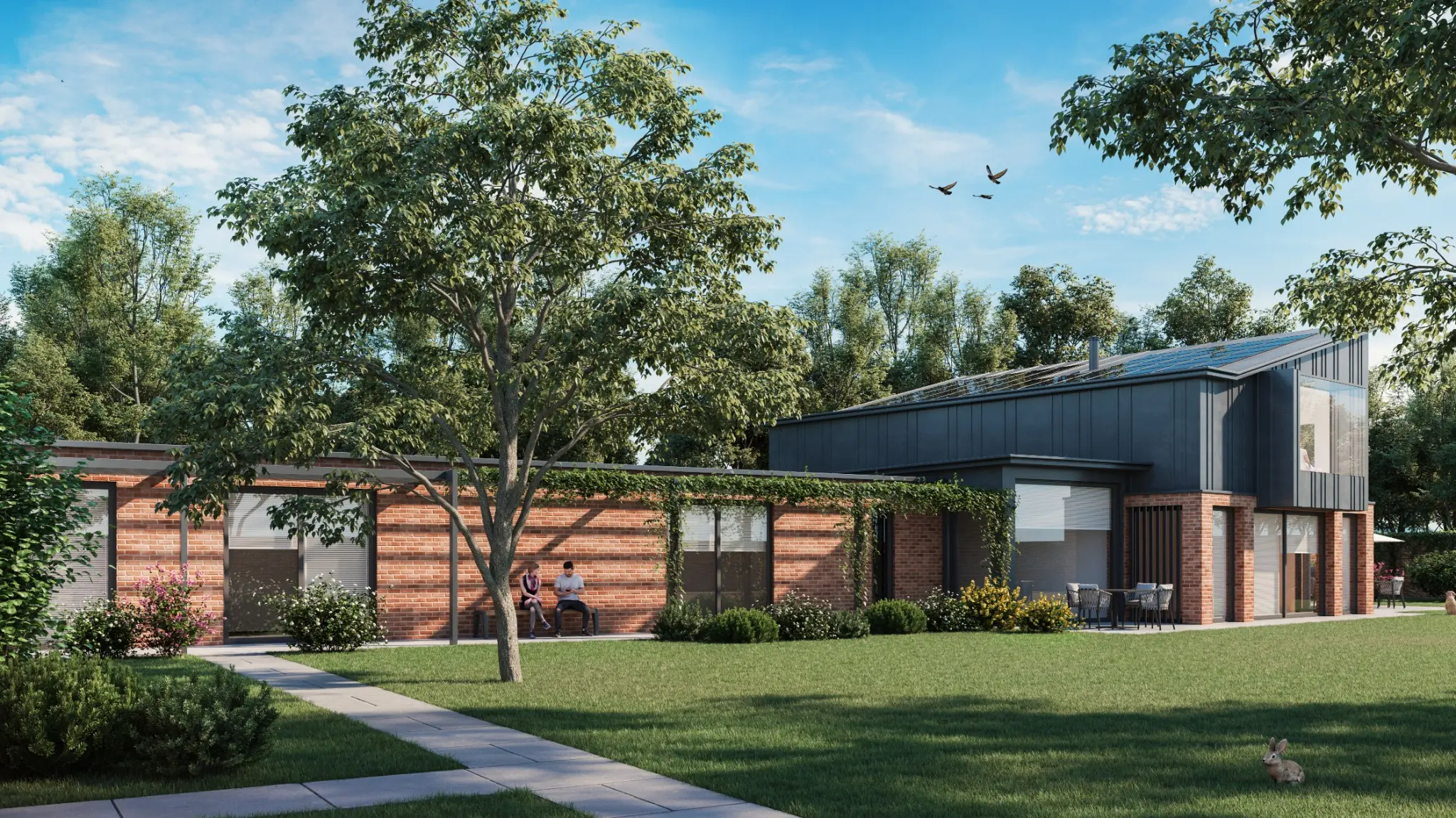 Low-energy contemporary brick house arranged around a mature garden in Crawley