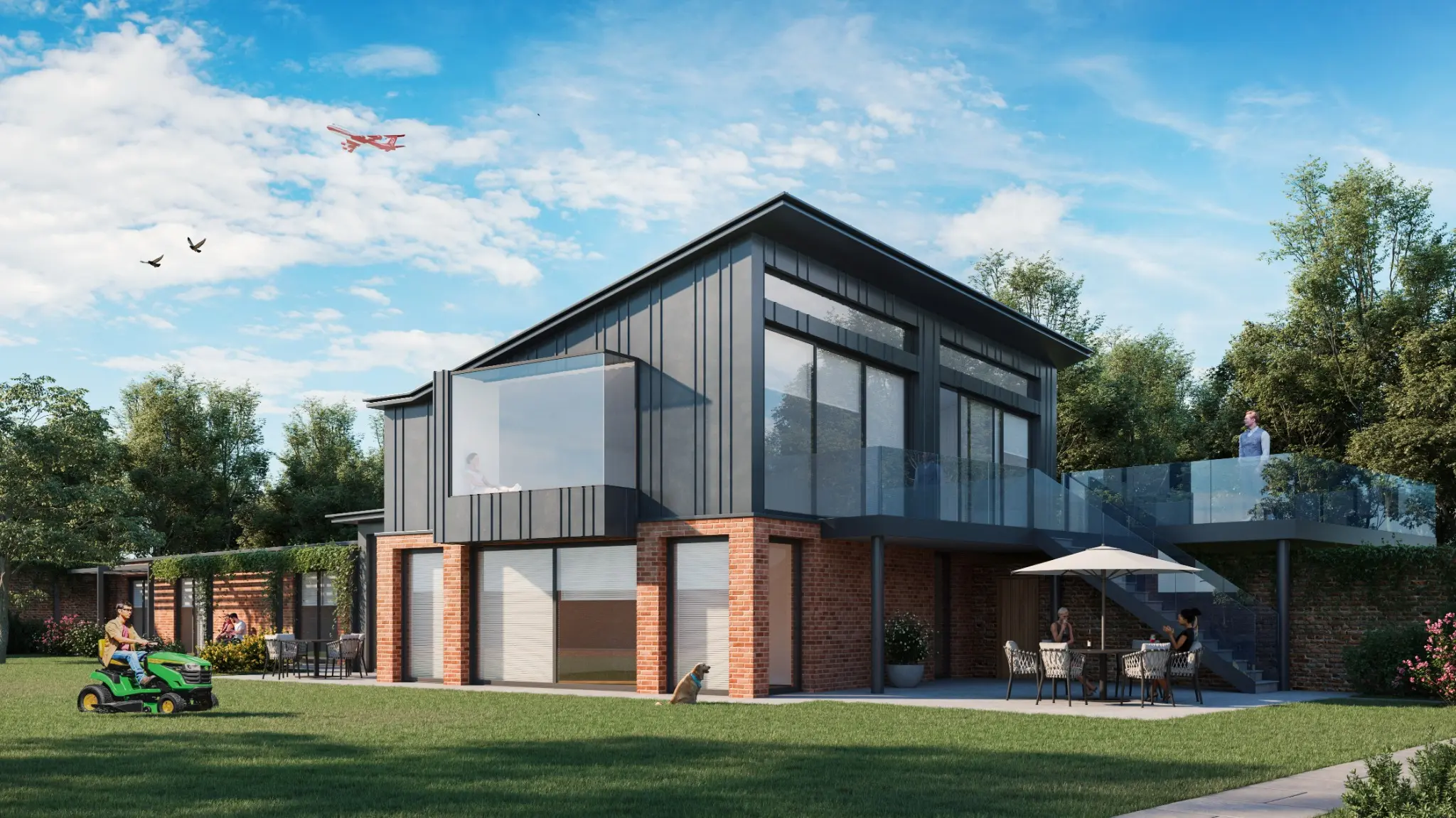 Contemporary two-storey house with deep glazing overlooking its garden in Crawley