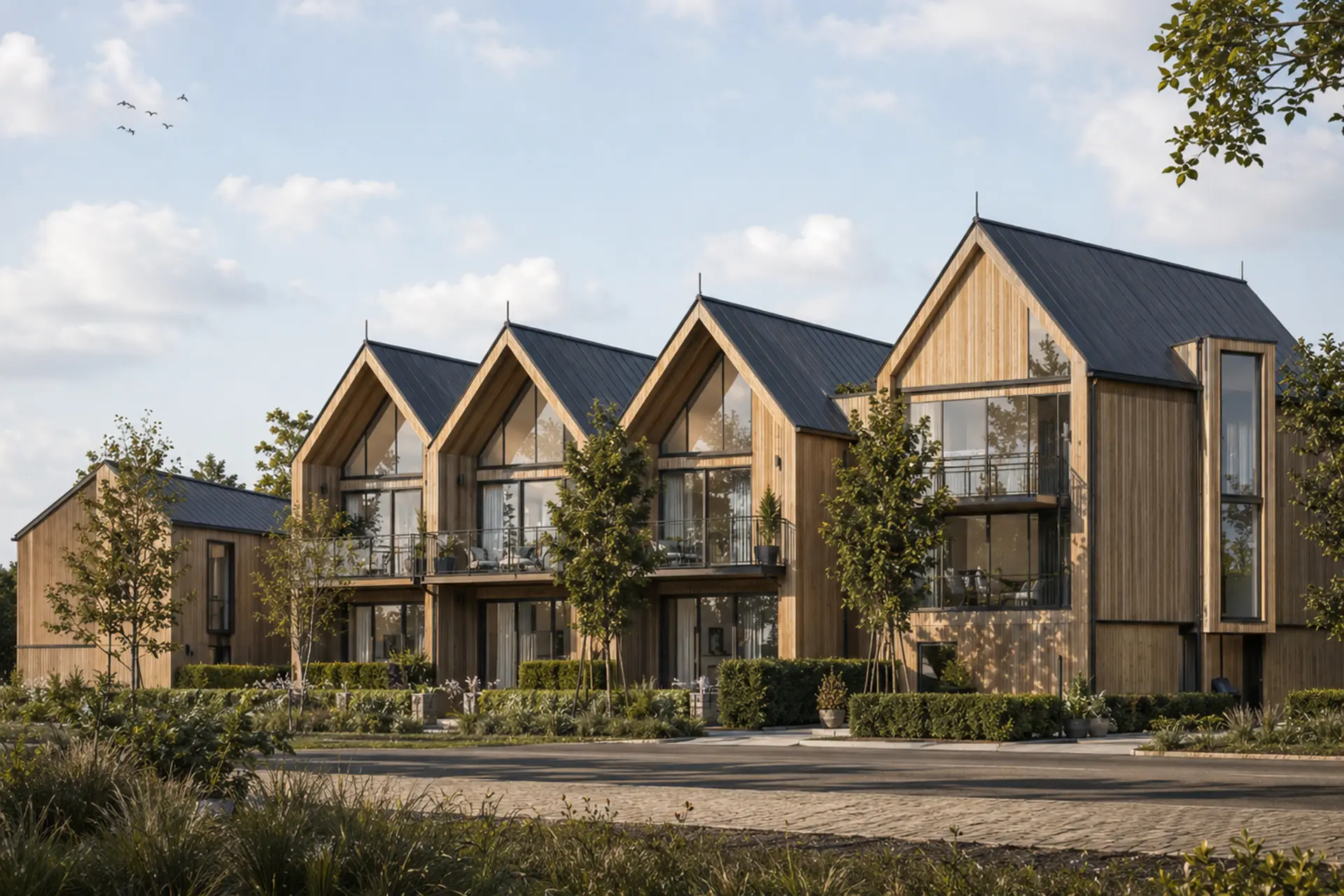 Sustainable riverside homes with pitched roofs and timber cladding in Shepperton