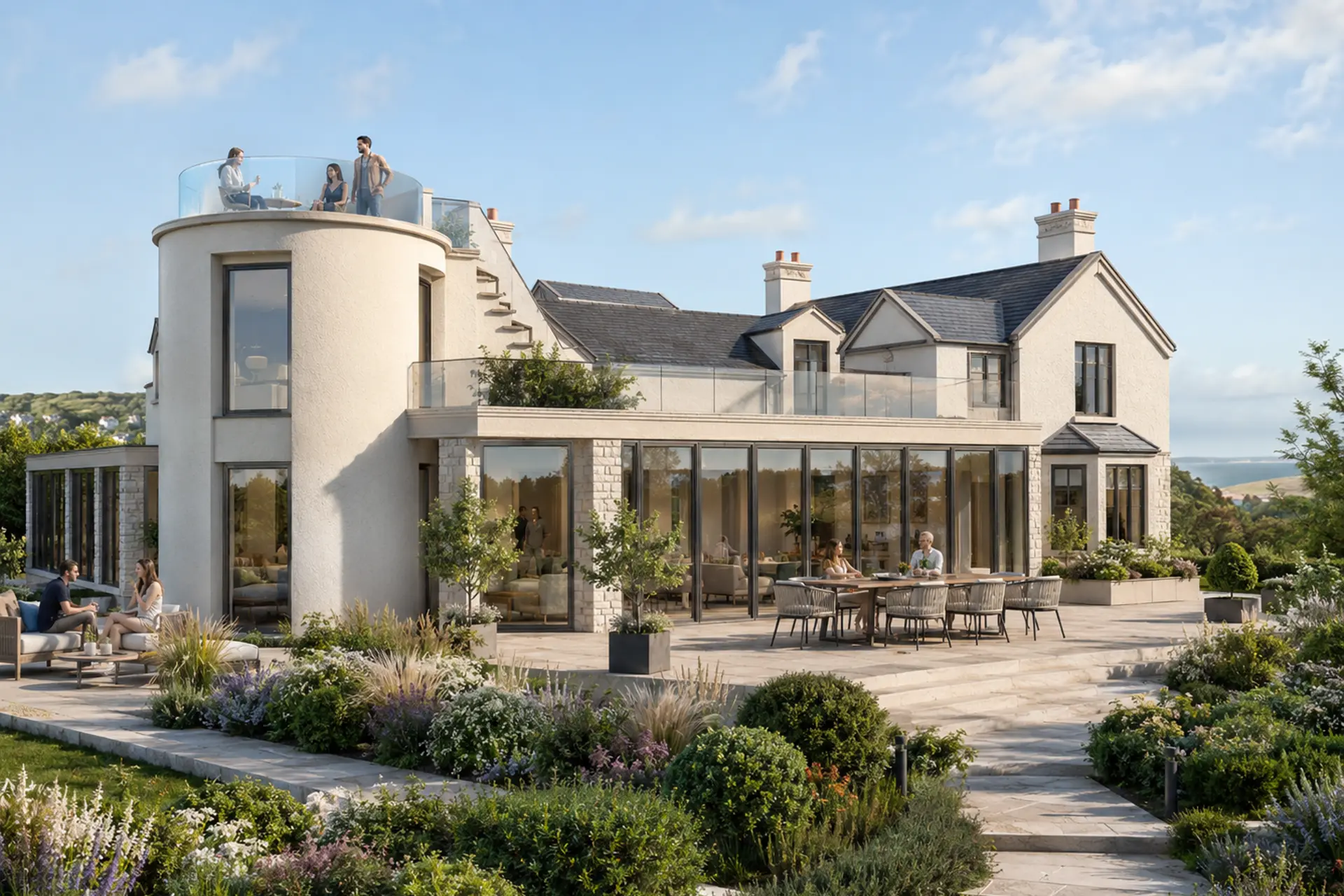 Contemporary country house with curved tower and extensive glazing in Shropshire